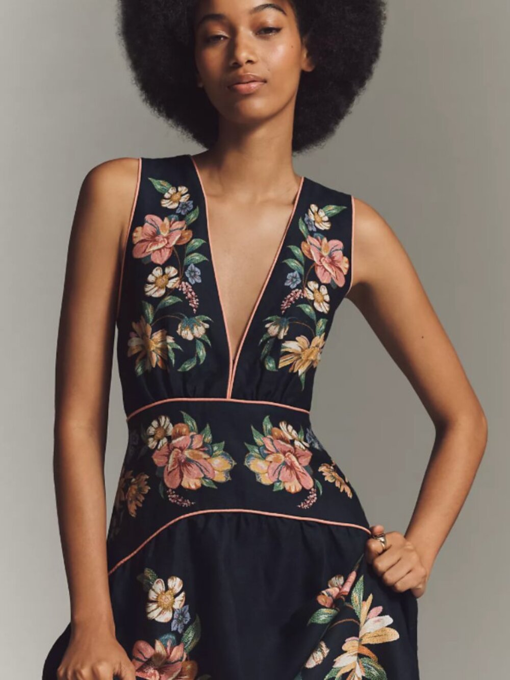 FARM Rio Maira Floral Linen Midi Dress Dark Blue V-Neck Sleeveless Size XS - Picture 2 of 10